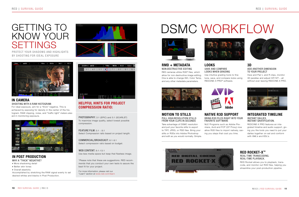 Getting to know your settings, Dsmc workflow, Helpful hints for project compression ratio | Rmd + metadata, Motion to stills, Looks, Native r3d support, Integrated timeline, Red rocket-x | RED SURVIVAL GUIDE User Manual | Page 6 / 37