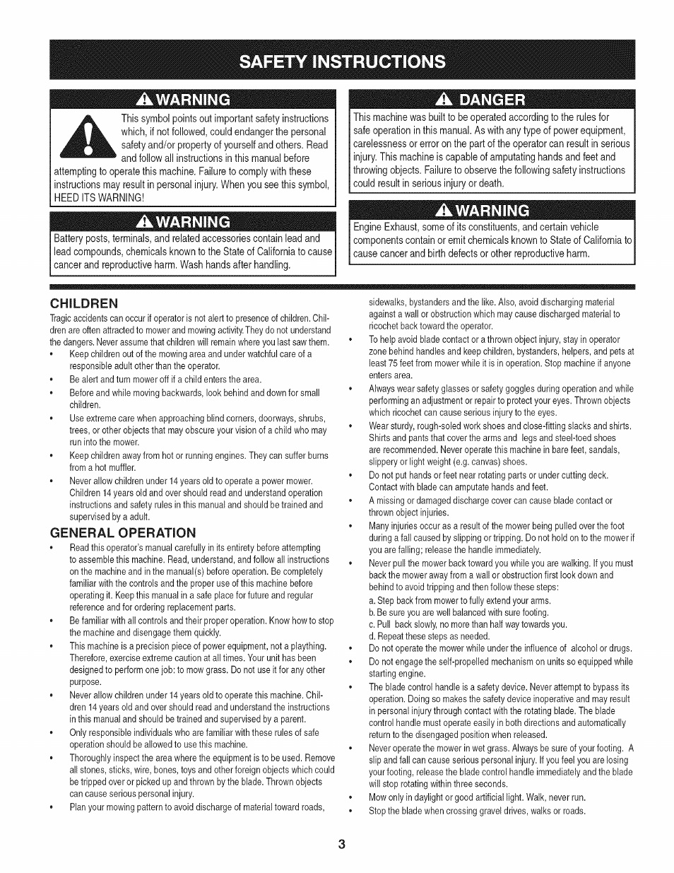 Safety instructions, Awarning, Children | General operation, A danger, Warning | Craftsman 247.887210 User Manual | Page 3 / 60