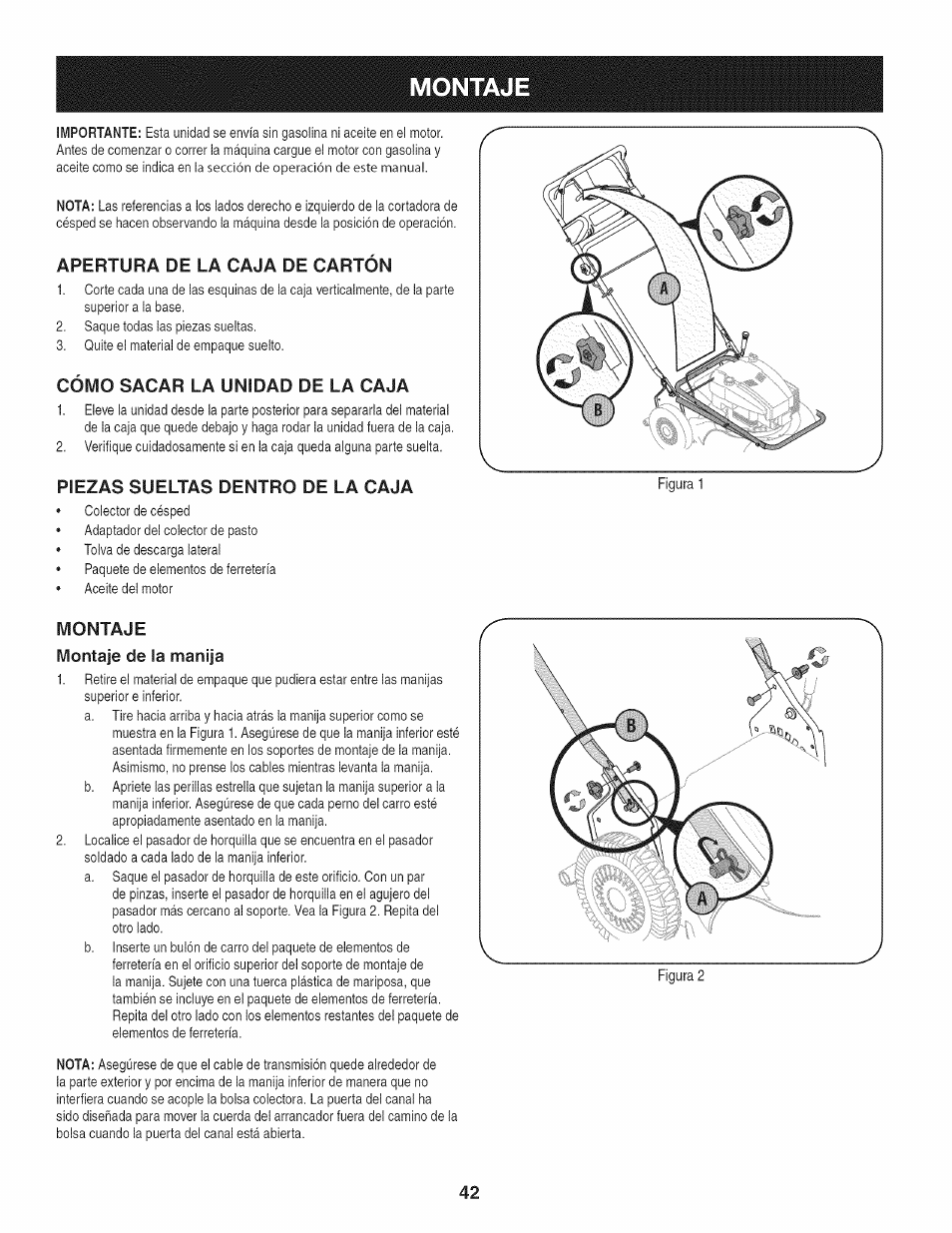 Apertura de la caja de cartón, Cómo sacar la unidad de la caja, Piezas sueltas dentro de la caja | Montaje, Montaje de la manija, Montaje -45, Montaje montaje de la manija | Craftsman 247.887210 User Manual | Page 42 / 60