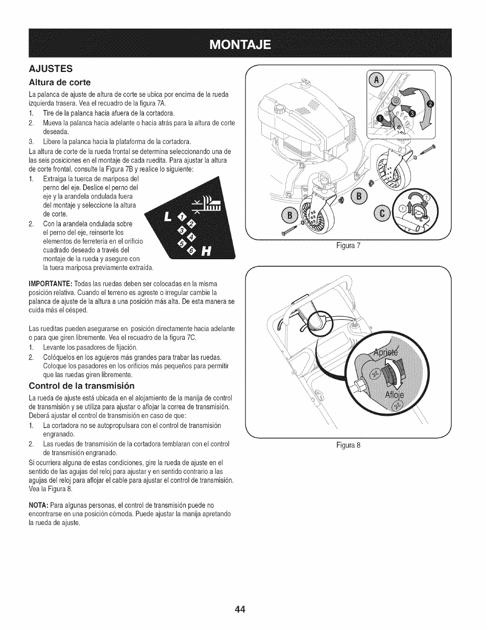 Ajustes altura de corte, Control de la transmisión | Craftsman 247.887210 User Manual | Page 44 / 60