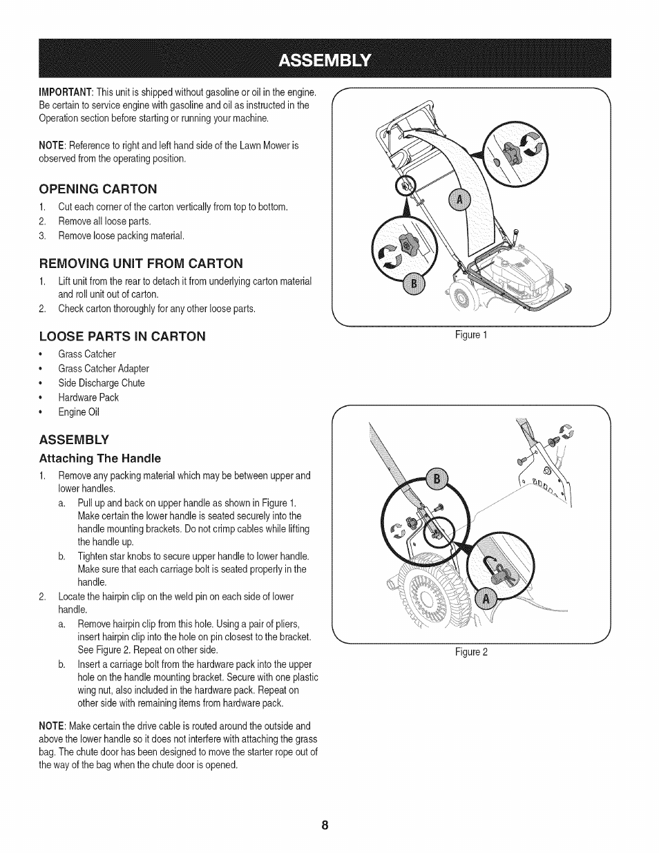 Opening carton, Removing unit from carton, Loose parts in carton | Assembly attaching the handle, Assembly | Craftsman 247.887210 User Manual | Page 8 / 60