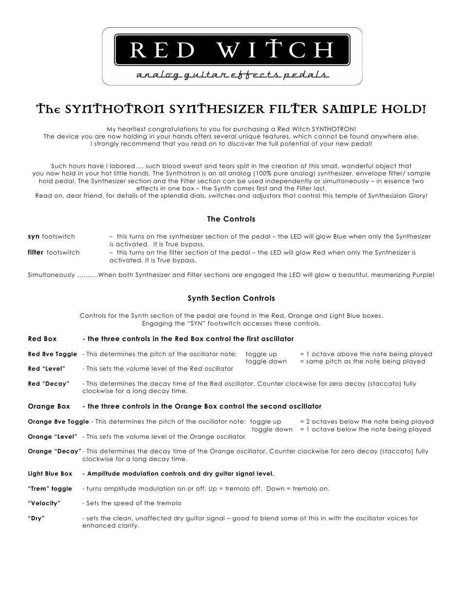 Red Witch Synthotron User Manual | 3 pages