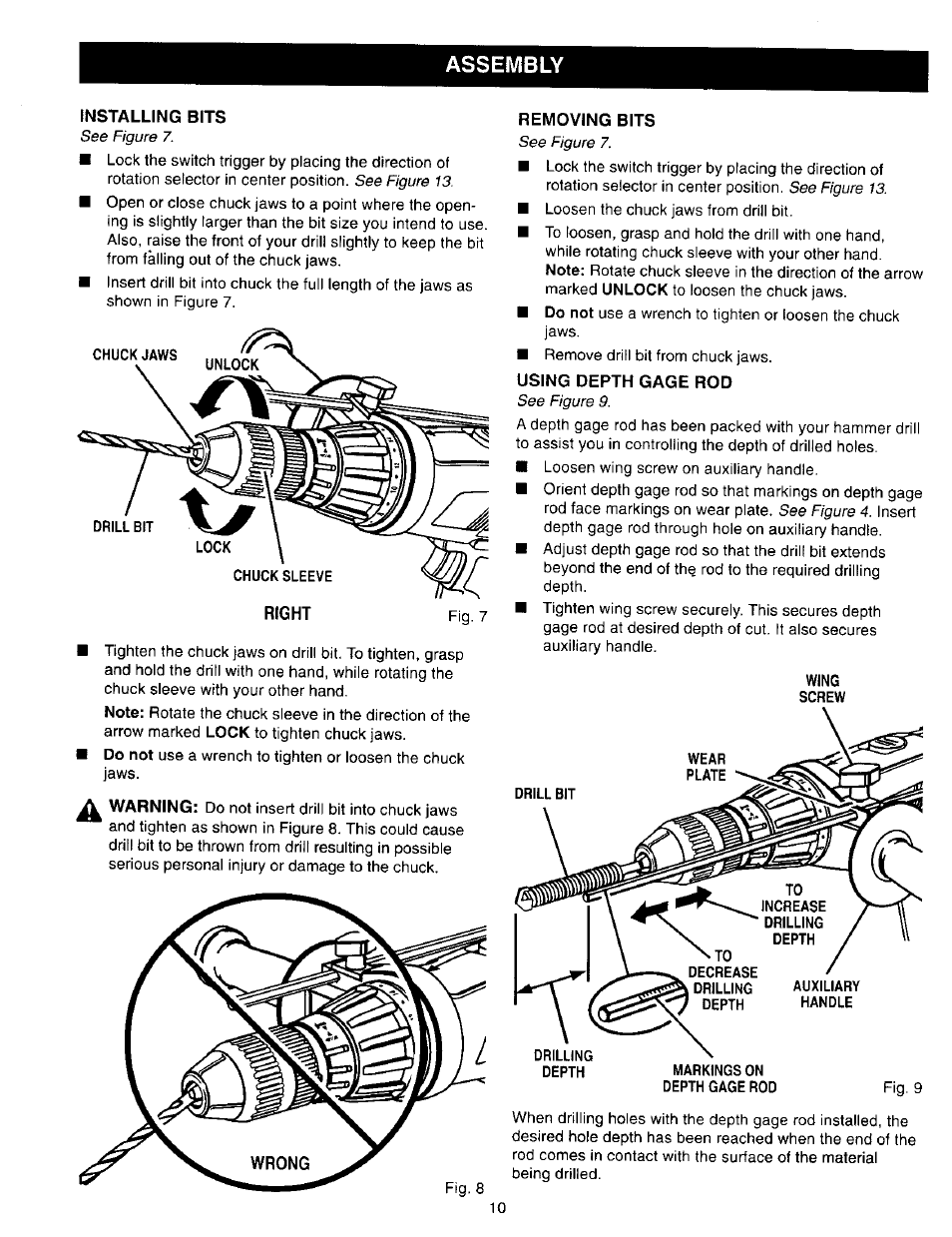 Installing bits, Removing bits, Using depth gage rod | Assembly | Craftsman 315.271270 User Manual | Page 10 / 20