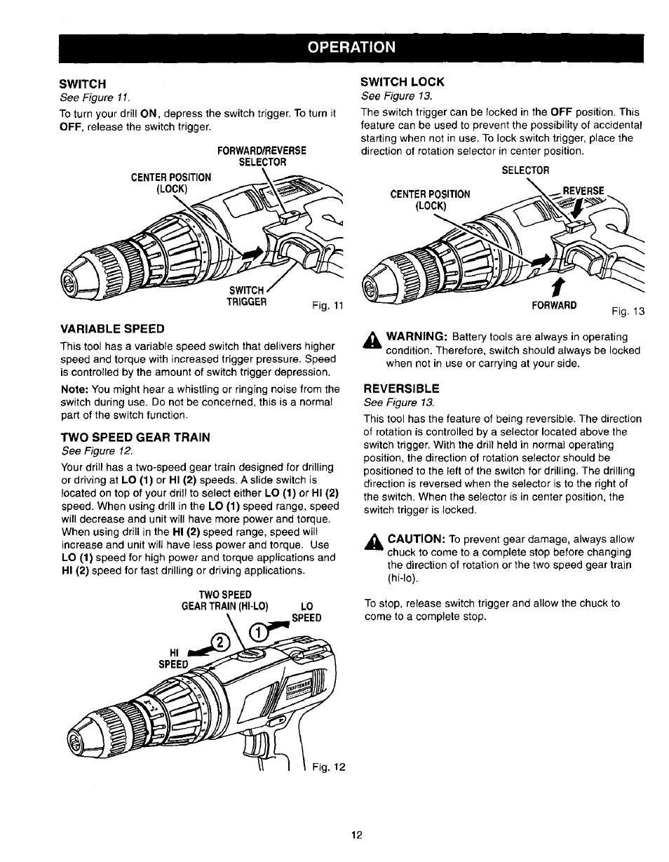 Switch, Switch lock, Variable speed | Two speed gear train, Reversible, Operation | Craftsman 315.271270 User Manual | Page 12 / 20