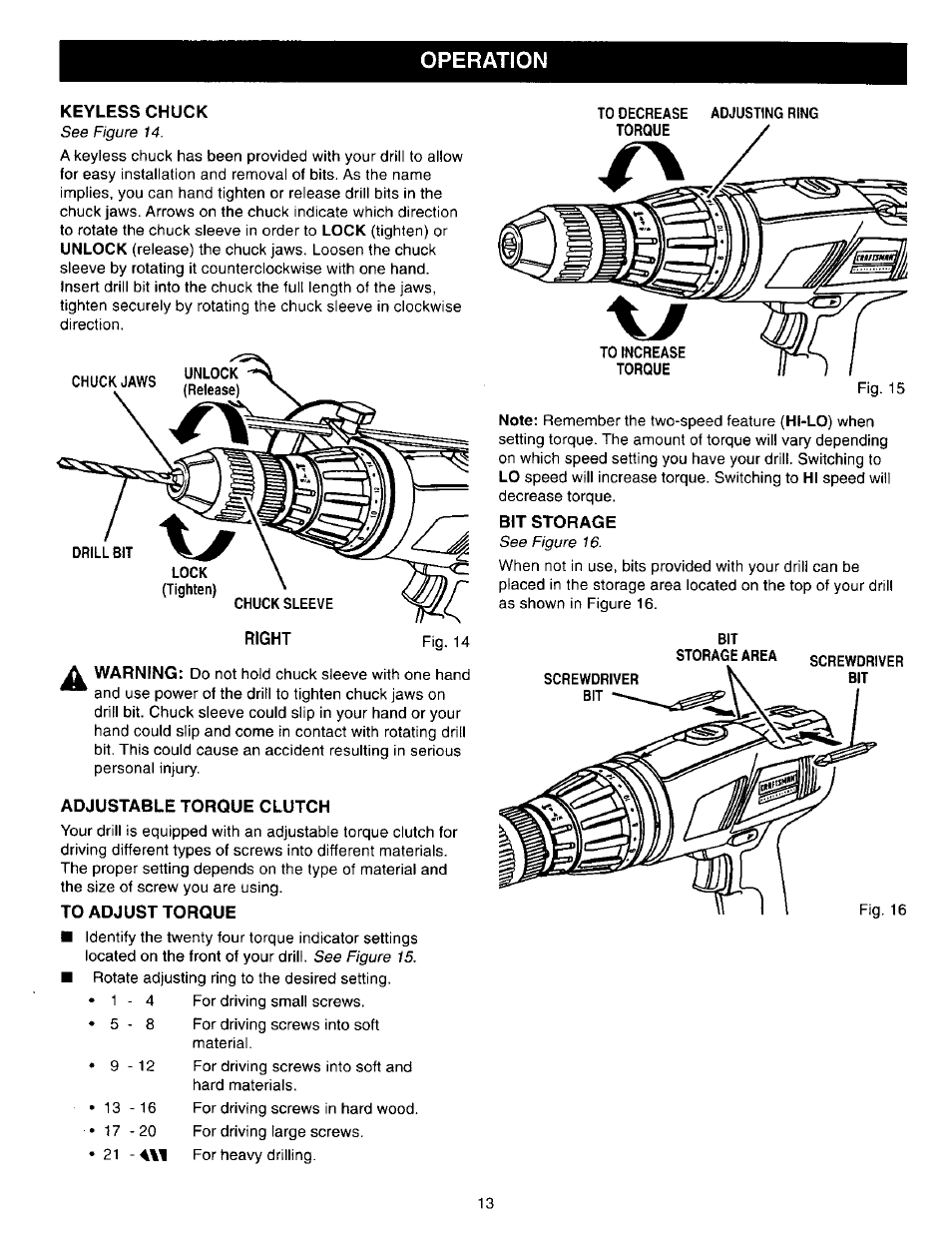 Keyless chuck, Adjustable torque clutch, To adjust torque | Bit storage, Operation | Craftsman 315.271270 User Manual | Page 13 / 20