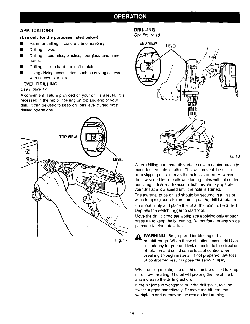 Applications, Level drilling, Drilling | Operation | Craftsman 315.271270 User Manual | Page 14 / 20