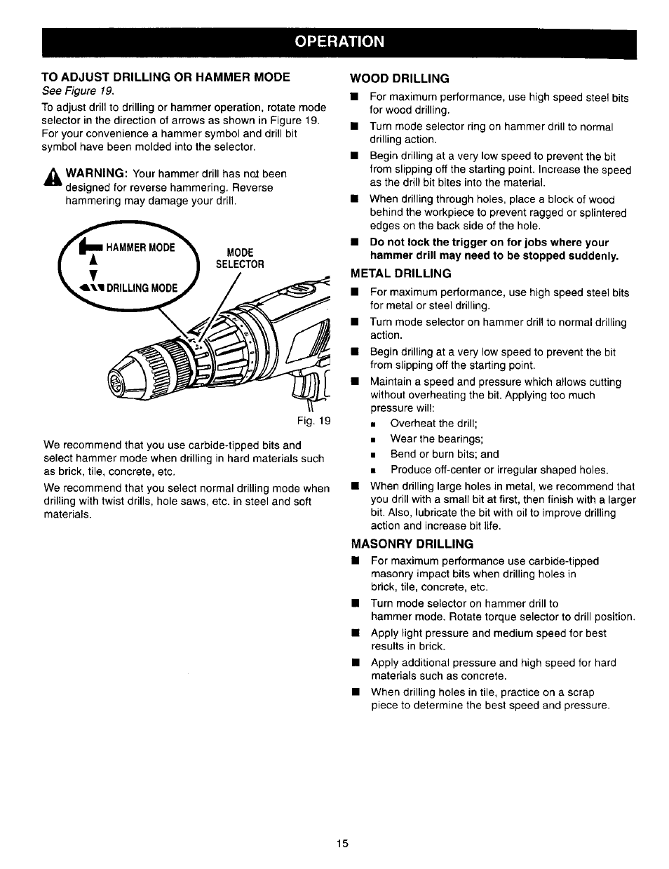 To adjust drilling or hammer mode, Wood drilling, Metal drilling | Masonry drilling, Operation | Craftsman 315.271270 User Manual | Page 15 / 20