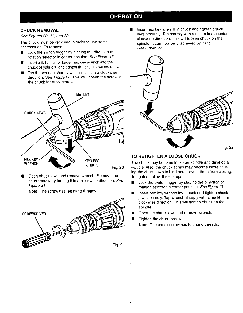 Chuck removal, To retighten a loose chuck, Operation | Craftsman 315.271270 User Manual | Page 16 / 20