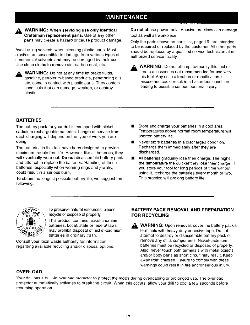 Maintenance, Batteries, Battery pack removal and preparation for recycling | Overload | Craftsman 315.271270 User Manual | Page 17 / 20