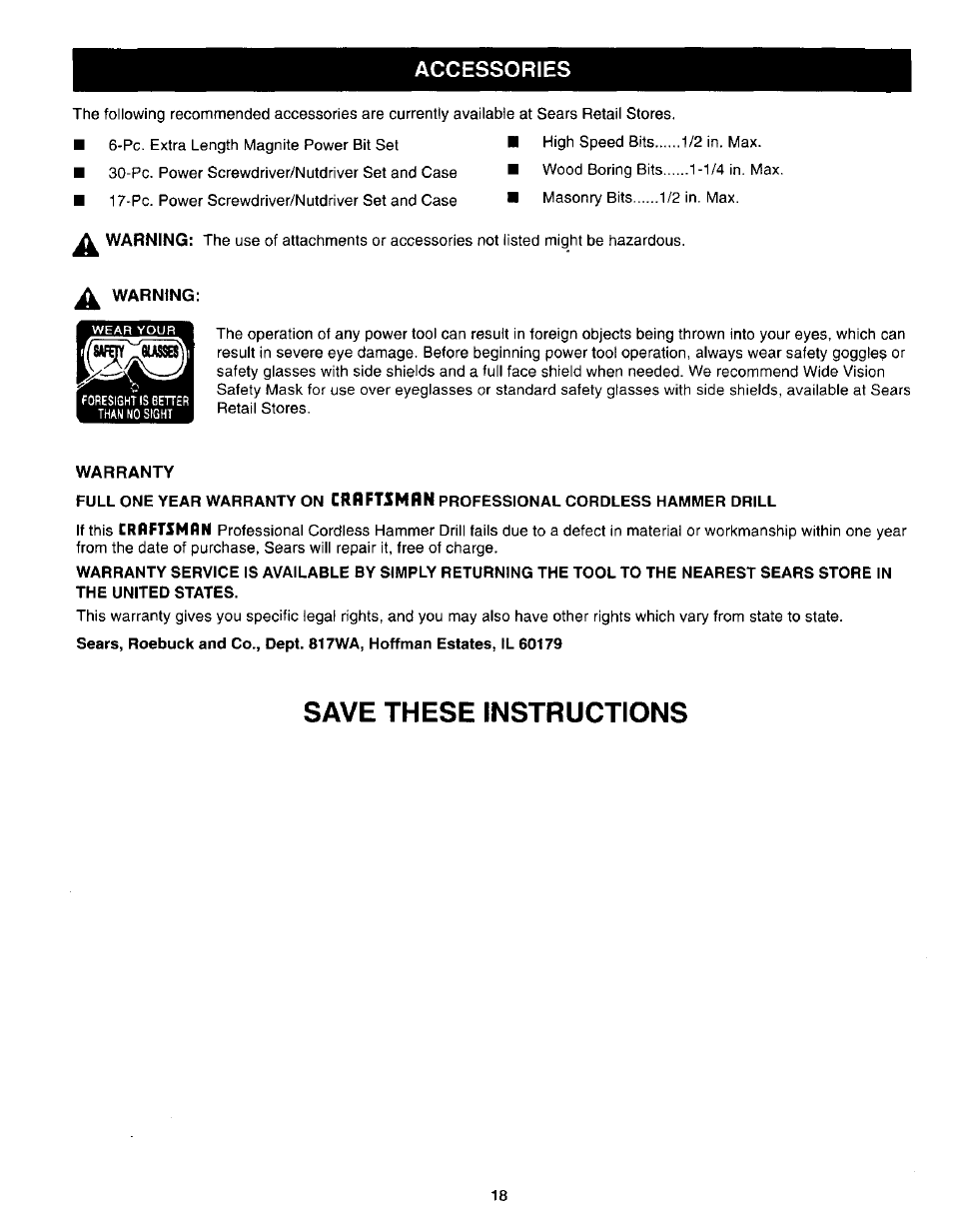 Accessories, Warning, Warranty | Save these instructions | Craftsman 315.271270 User Manual | Page 18 / 20