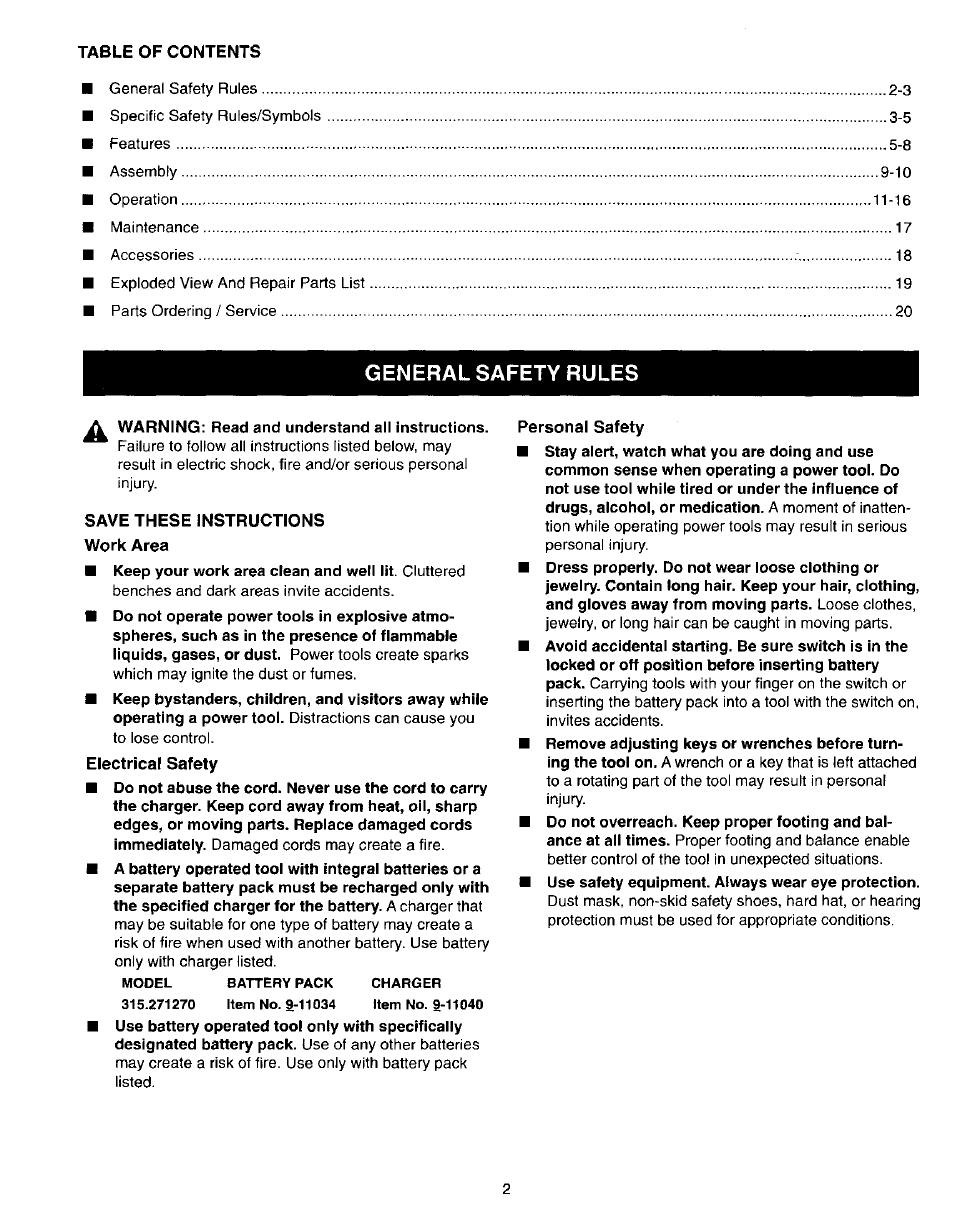 General safety rules | Craftsman 315.271270 User Manual | Page 2 / 20