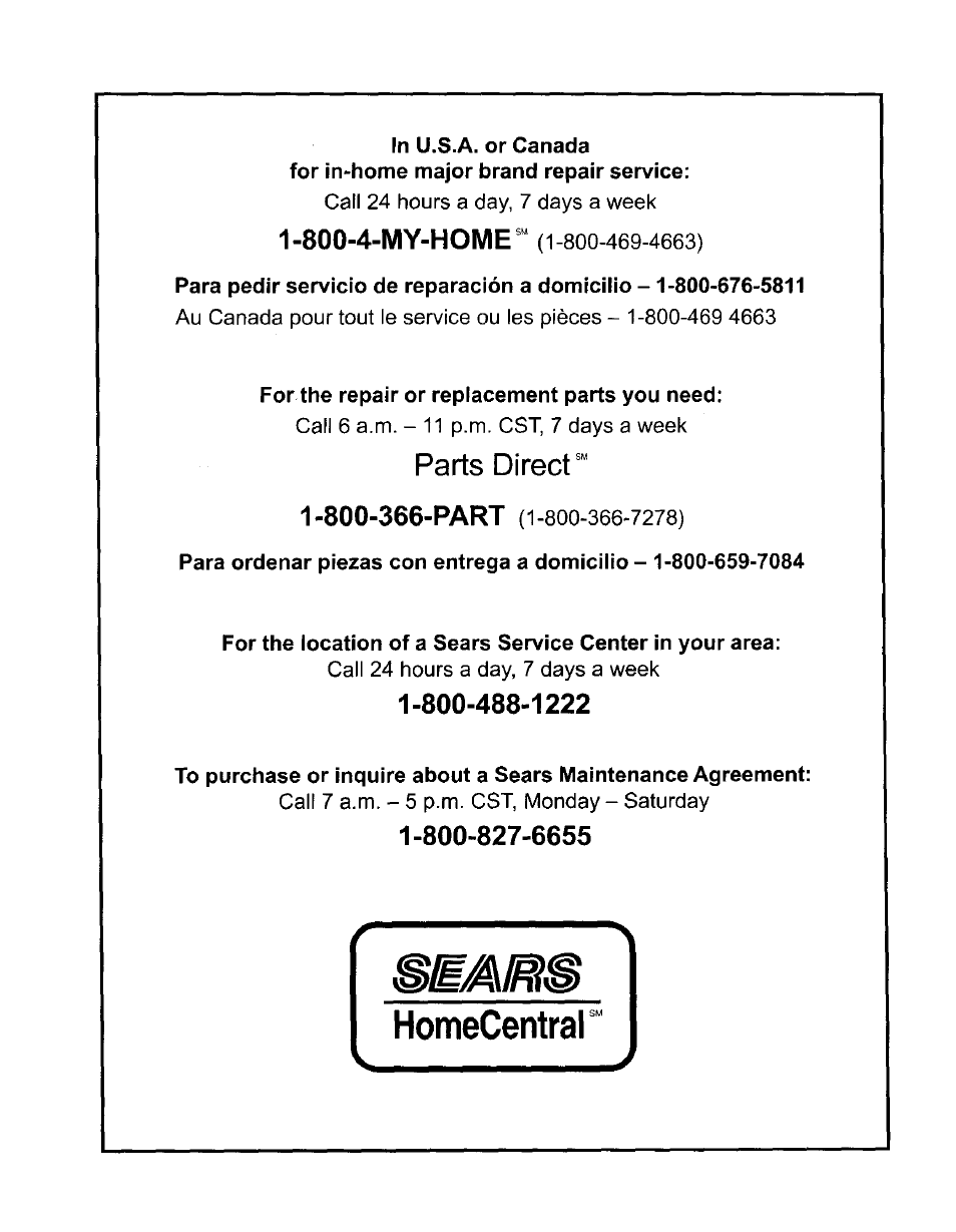 1 -800-4-my-hoi\/ie (1-800-469-4663), Parts direct | Craftsman 315.271270 User Manual | Page 20 / 20