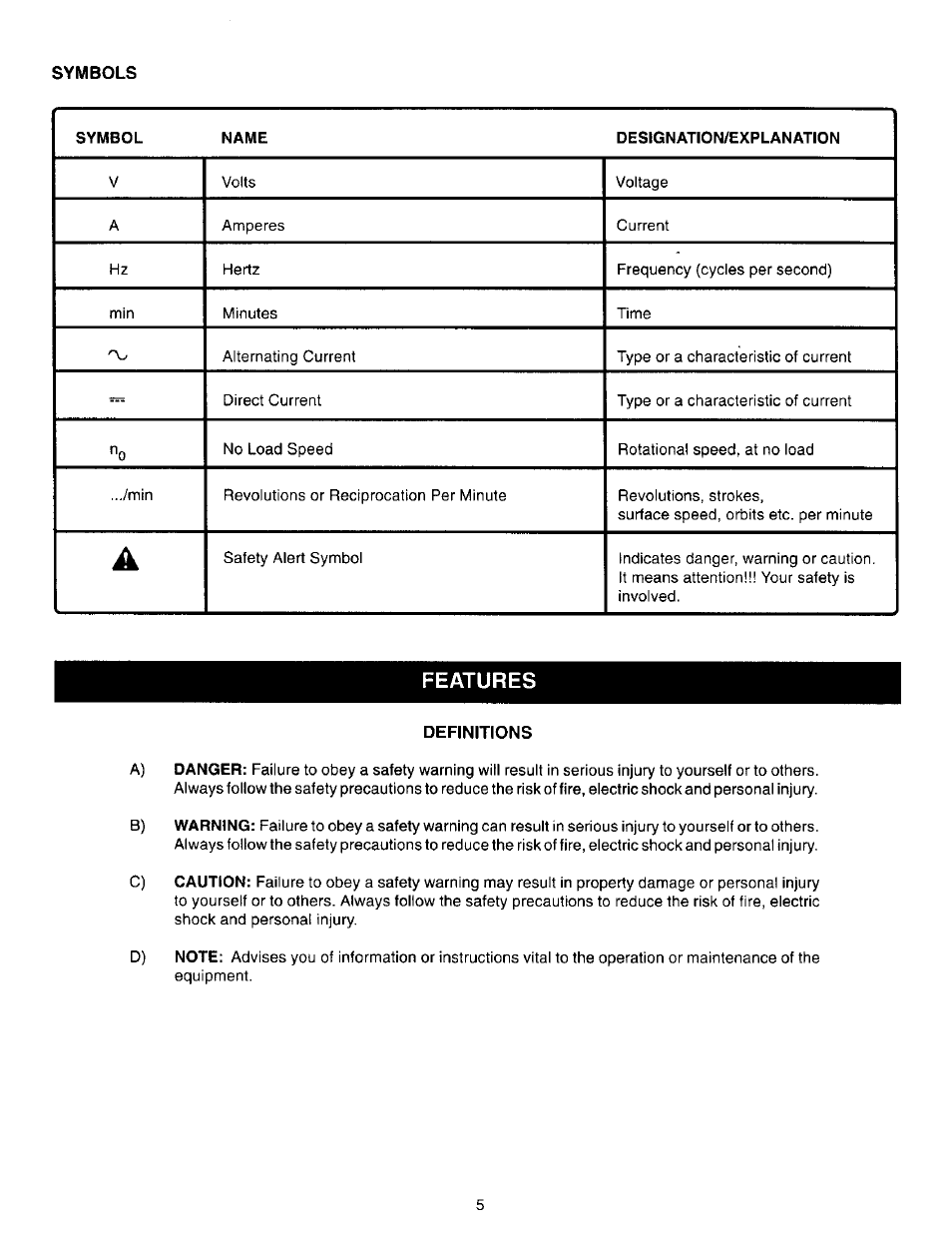 Features, Definitions, Features -8 | Craftsman 315.271270 User Manual | Page 5 / 20