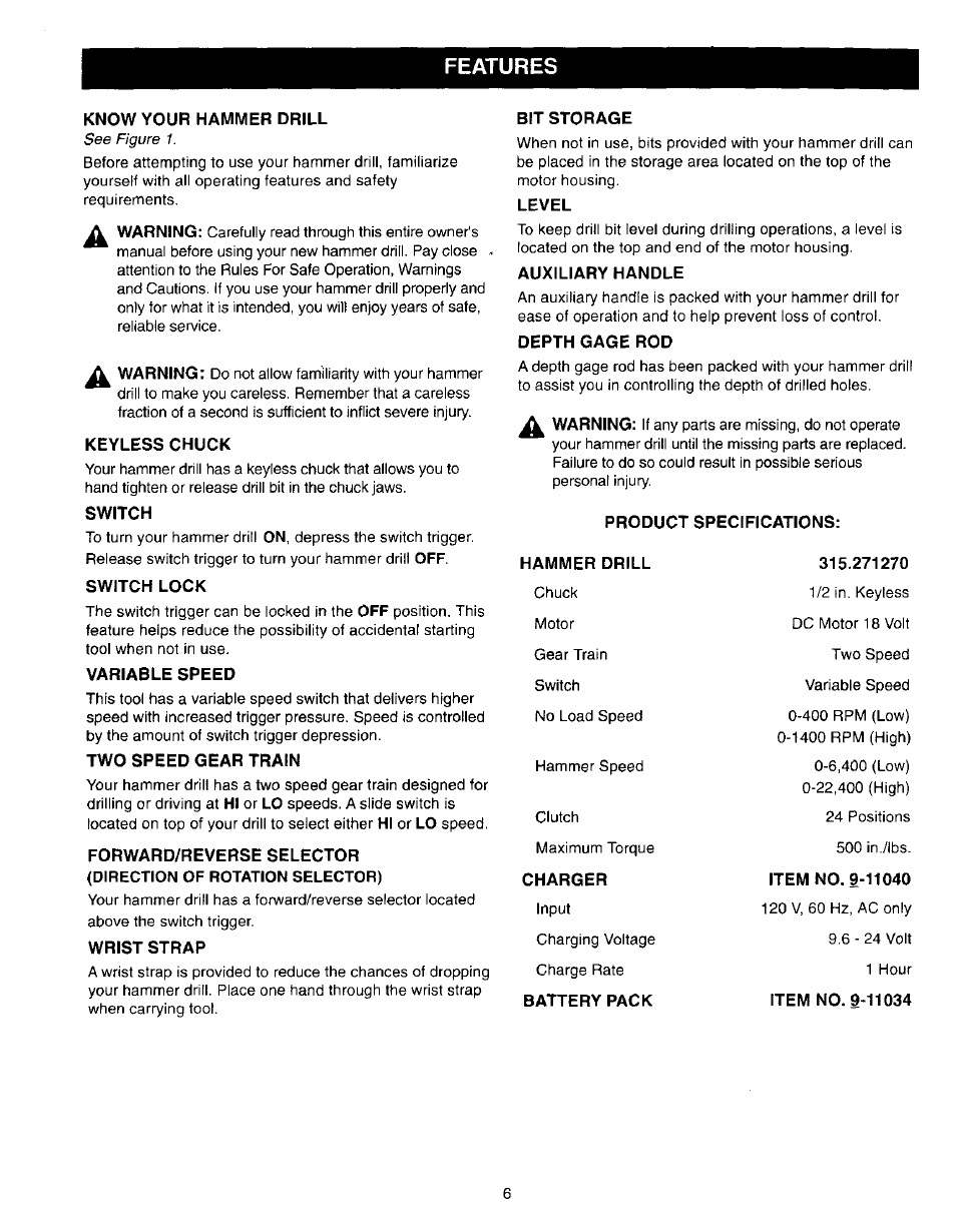 Know your hammer drill, Keyless chuck, Switch | Switch lock, Variable speed, Two speed gear train, Wrist strap, Bit storage, Level, Auxiliary handle | Craftsman 315.271270 User Manual | Page 6 / 20