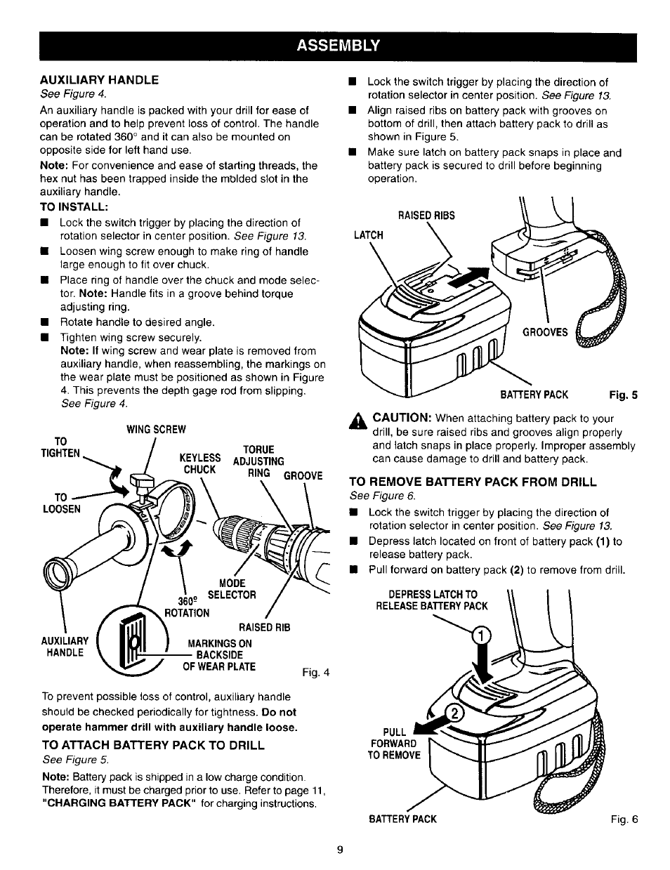 Auxiliary handle, To attach battery pack to drill, To remove battery pack from drill | Assembly | Craftsman 315.271270 User Manual | Page 9 / 20