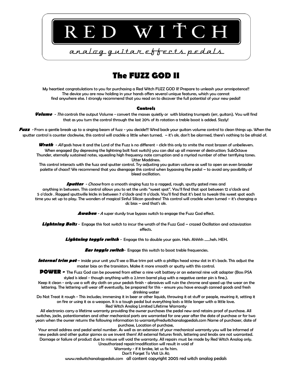 Red Witch FUZZ GOD II User Manual | 1 page