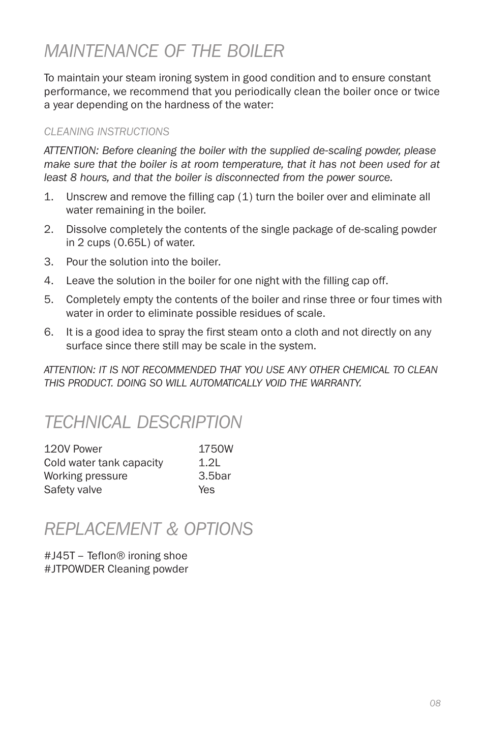 Maintenance of the boiler, Technical description, Replacement & options | Reliable J420 User Manual | Page 10 / 33