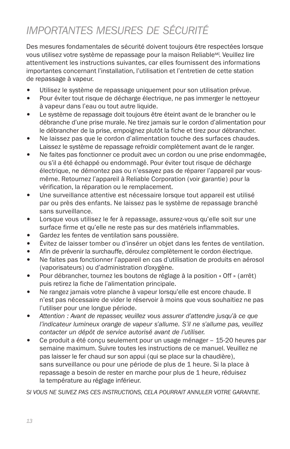Importantes mesures de sécurité | Reliable J420 User Manual | Page 15 / 33