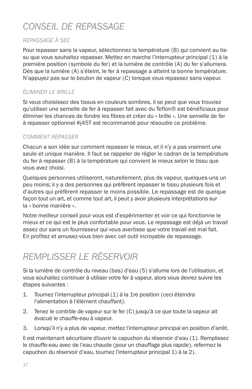 Conseil de repassage, Remplisser le réservoir | Reliable J420 User Manual | Page 19 / 33