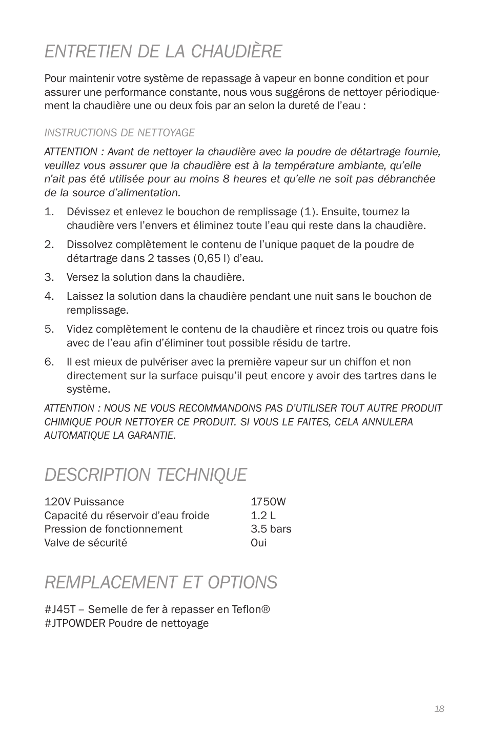 Entretien de la chaudière, Description technique, Remplacement et options | Reliable J420 User Manual | Page 20 / 33