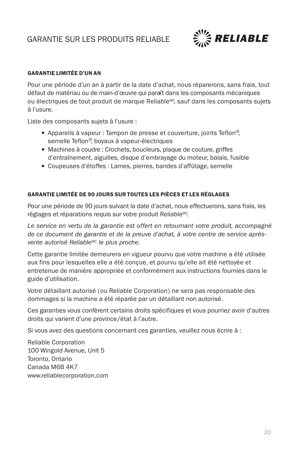 Garantie sur les produits reliable, Reliable products warranty | Reliable J420 User Manual | Page 22 / 33
