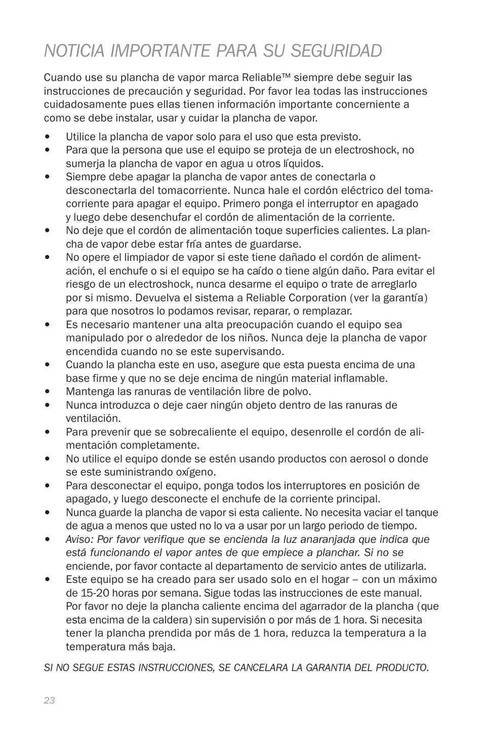 Noticia importante para su seguridad | Reliable J420 User Manual | Page 25 / 33