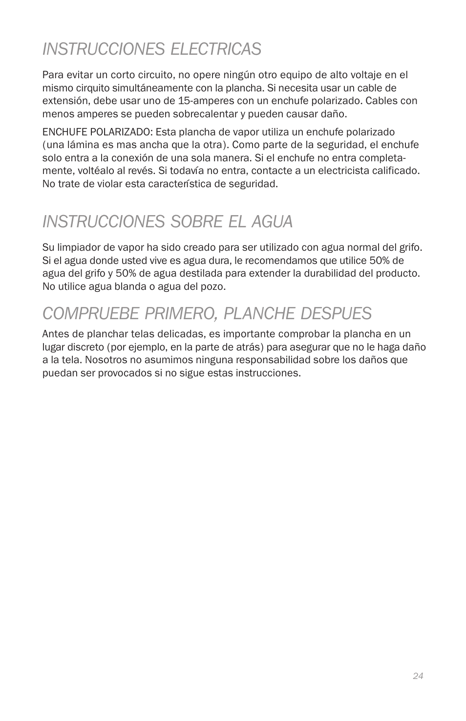 Instrucciones electricas, Instrucciones sobre el agua, Compruebe primero, planche despues | Reliable J420 User Manual | Page 26 / 33