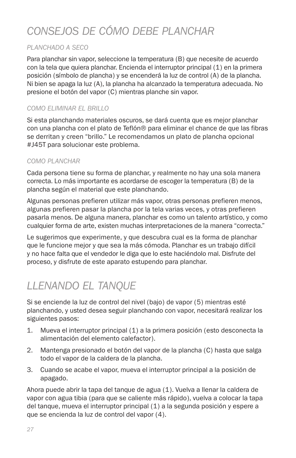 Consejos de cómo debe planchar, Llenando el tanque | Reliable J420 User Manual | Page 29 / 33