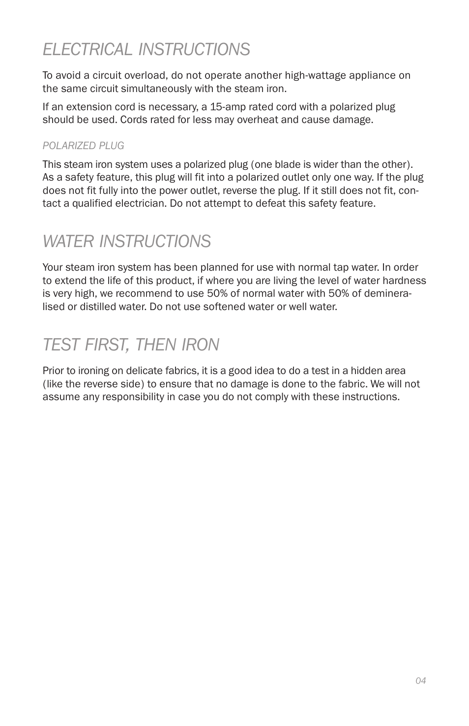 Electrical instructions, Water instructions, Test first, then iron | Reliable J420 User Manual | Page 6 / 33