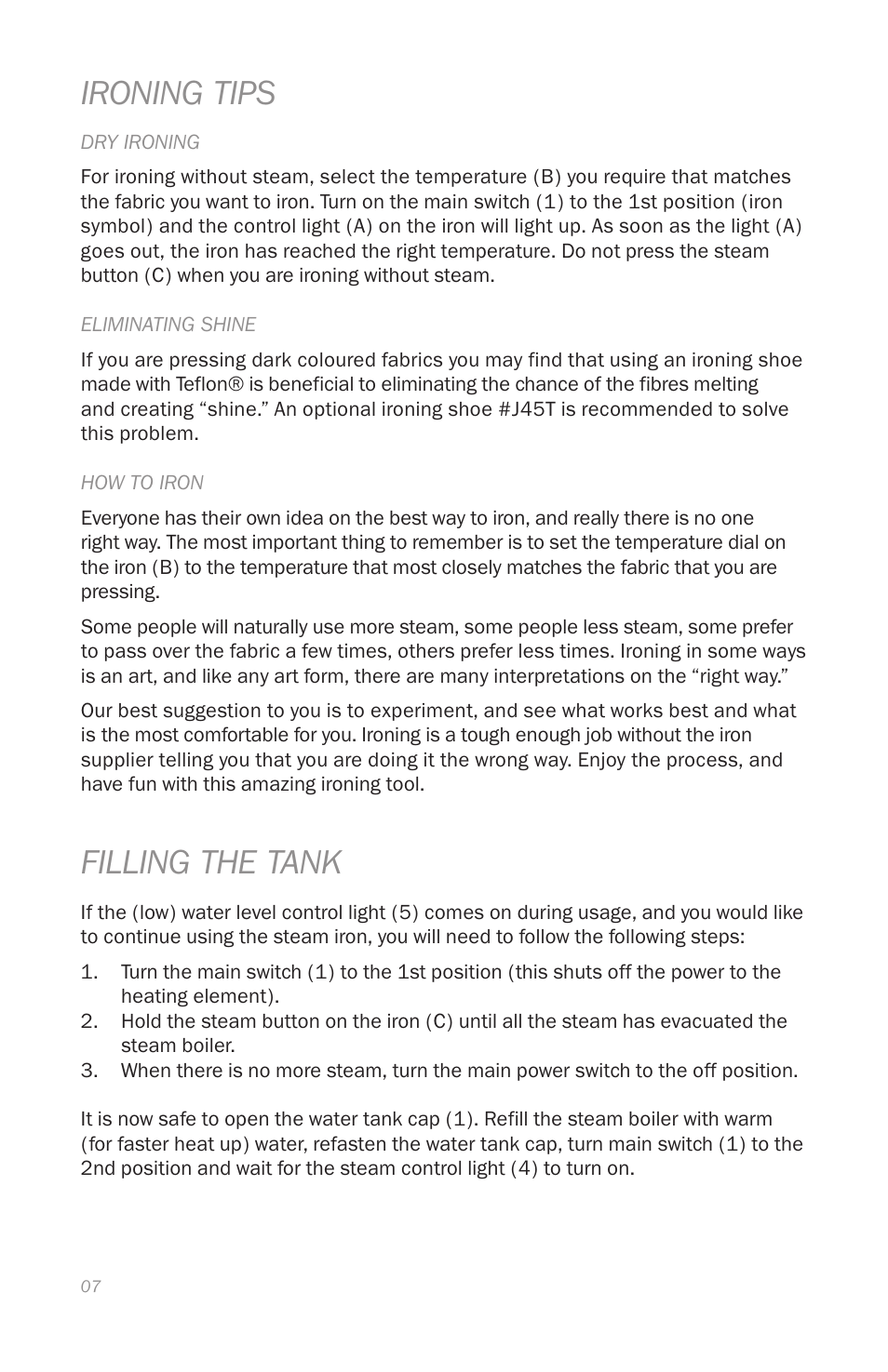 Ironing tips, Filling the tank | Reliable J420 User Manual | Page 9 / 33