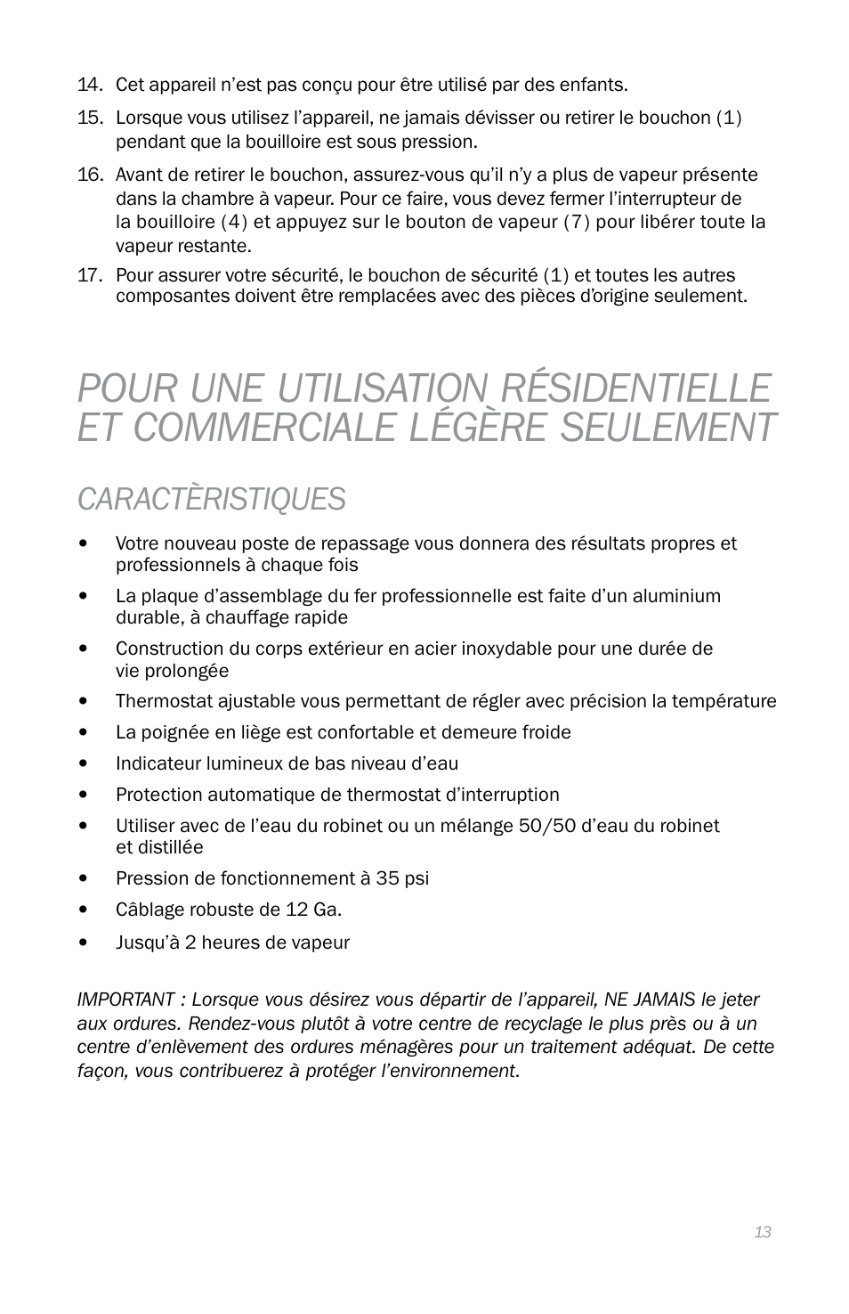 Caractèristiques | Reliable i300 User Manual | Page 17 / 34