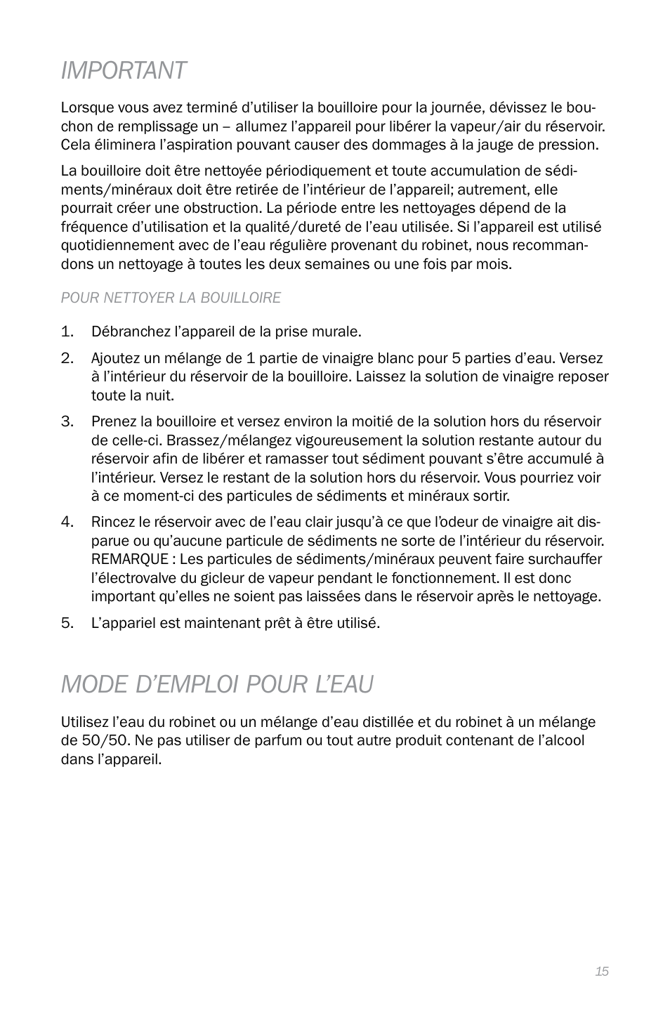 Important, Mode d’emploi pour l’eau | Reliable i300 User Manual | Page 19 / 34