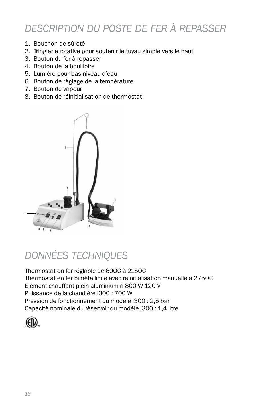 Description du poste de fer à repasser, Données techniques | Reliable i300 User Manual | Page 20 / 34