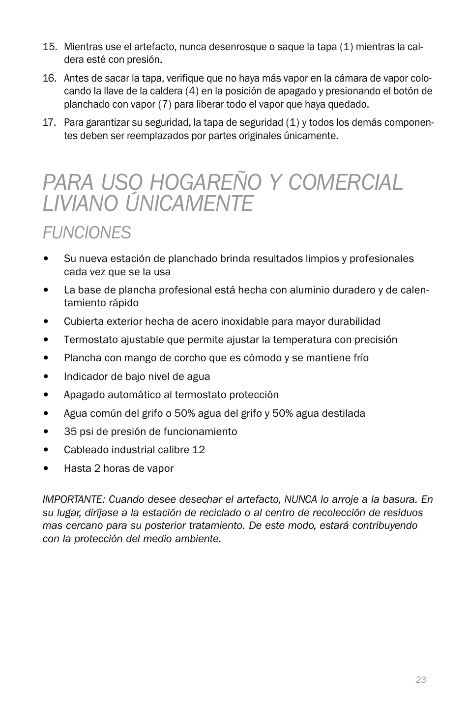 Para uso hogareño y comercial liviano únicamente, Funciones | Reliable i300 User Manual | Page 27 / 34