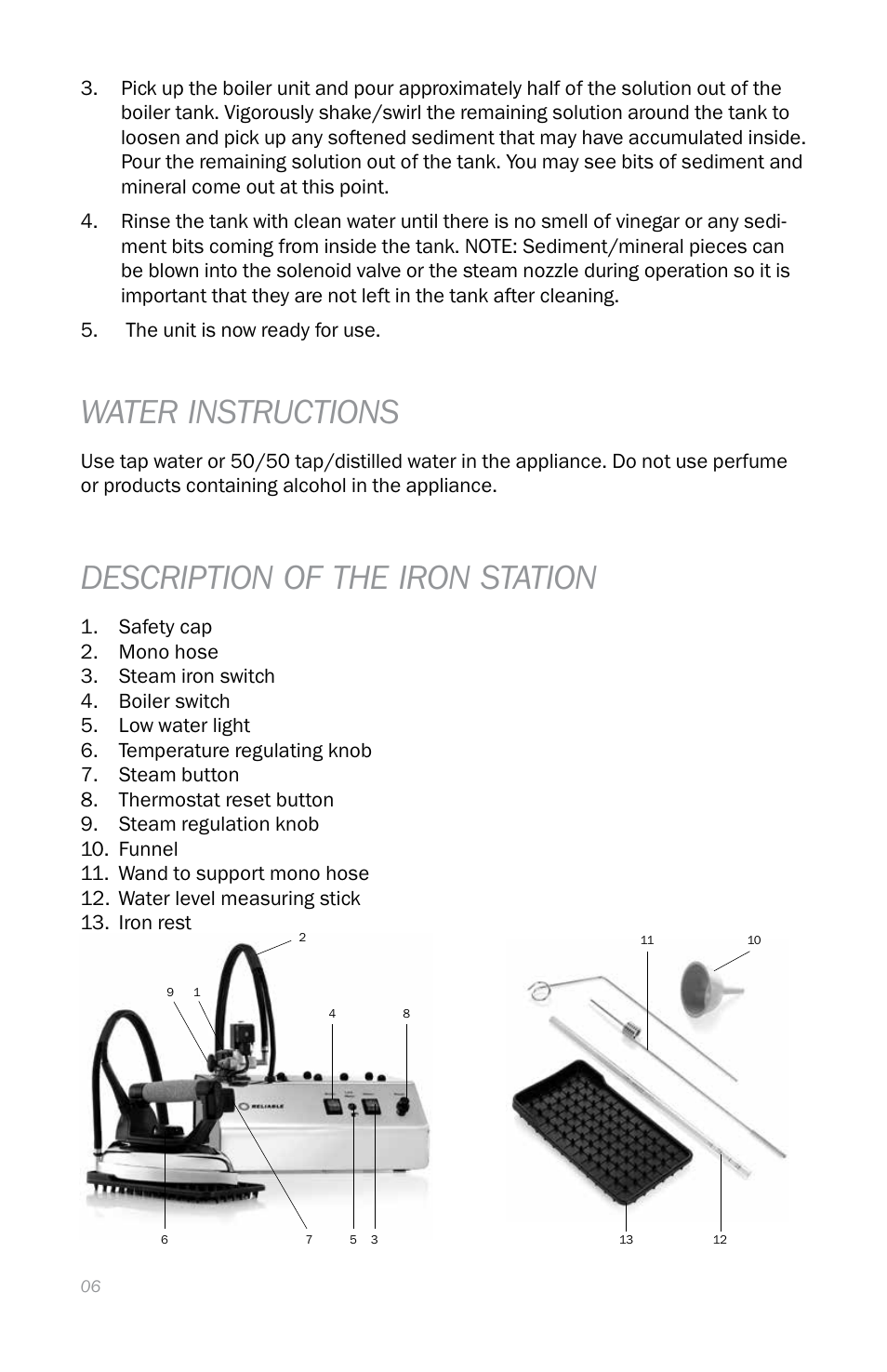 Water instructions, Description of the iron station | Reliable i400 User Manual | Page 10 / 40