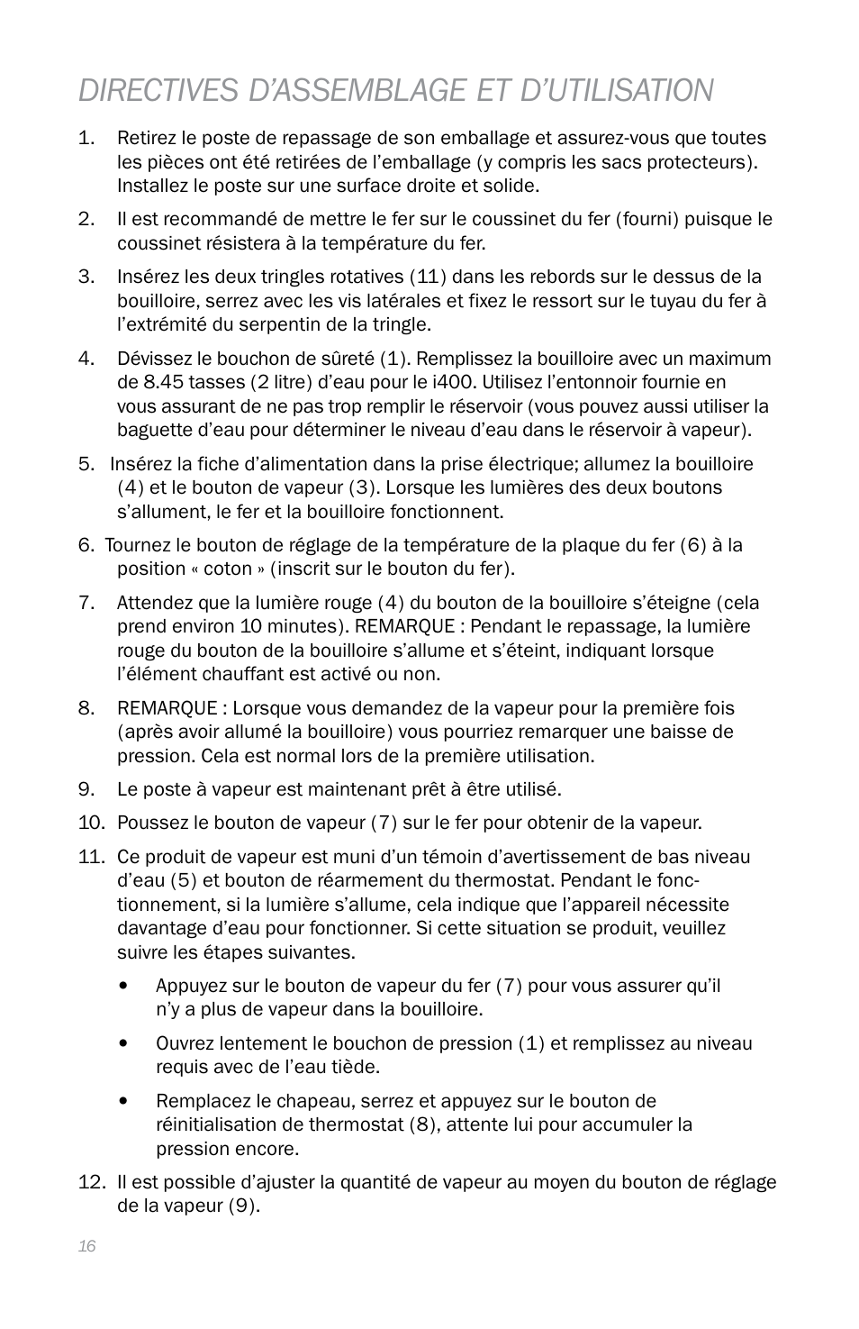 Directives d’assemblage et d’utilisation | Reliable i400 User Manual | Page 20 / 40