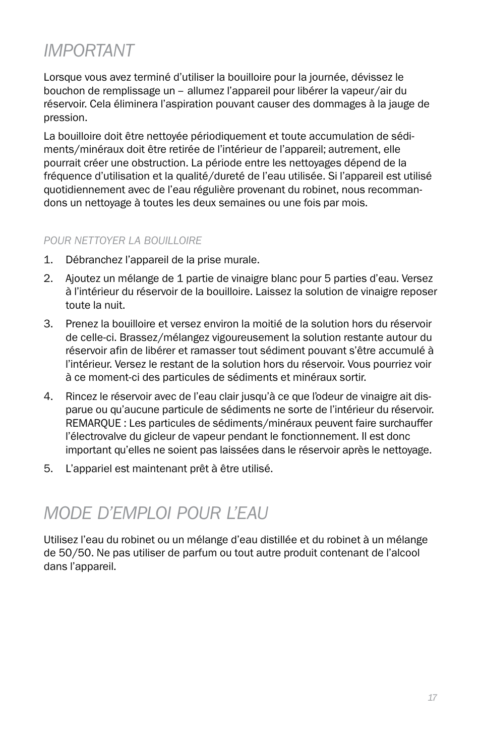 Important, Mode d’emploi pour l’eau | Reliable i400 User Manual | Page 21 / 40