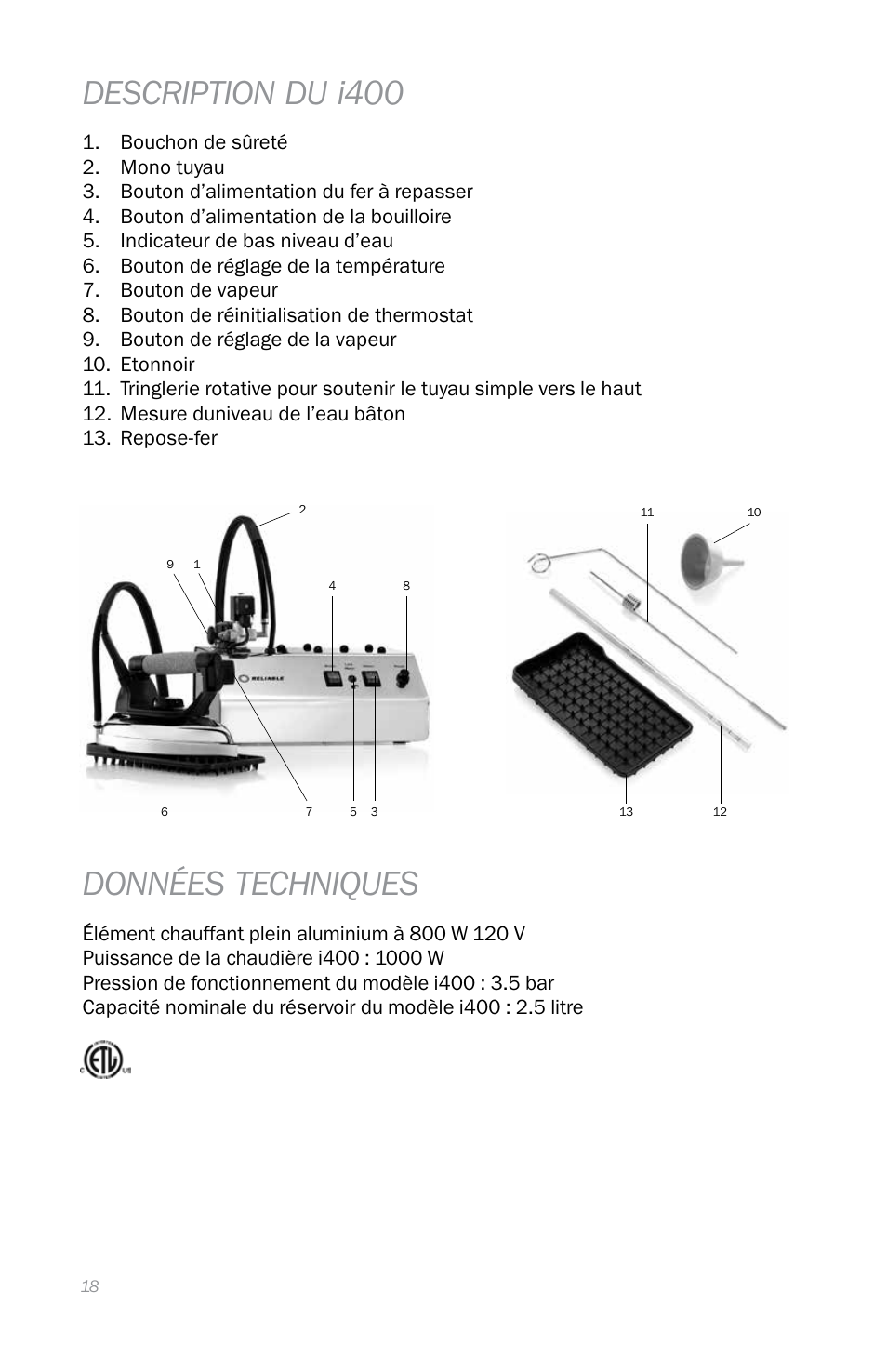 Description du i400, Données techniques | Reliable i400 User Manual | Page 22 / 40