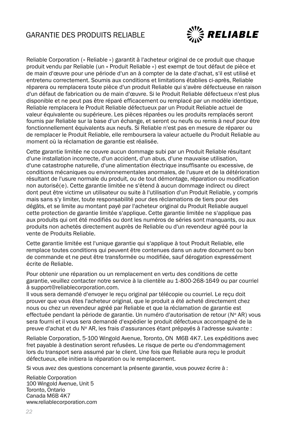 Garantie des produits reliable | Reliable i400 User Manual | Page 26 / 40