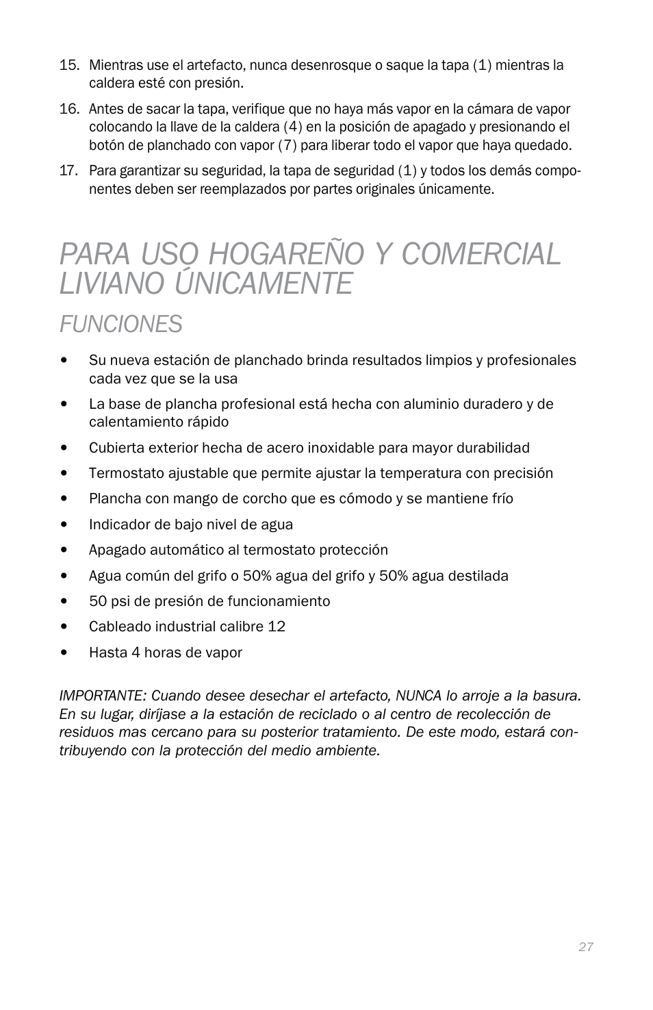 Para uso hogareño y comercial liviano únicamente, Funciones | Reliable i400 User Manual | Page 31 / 40