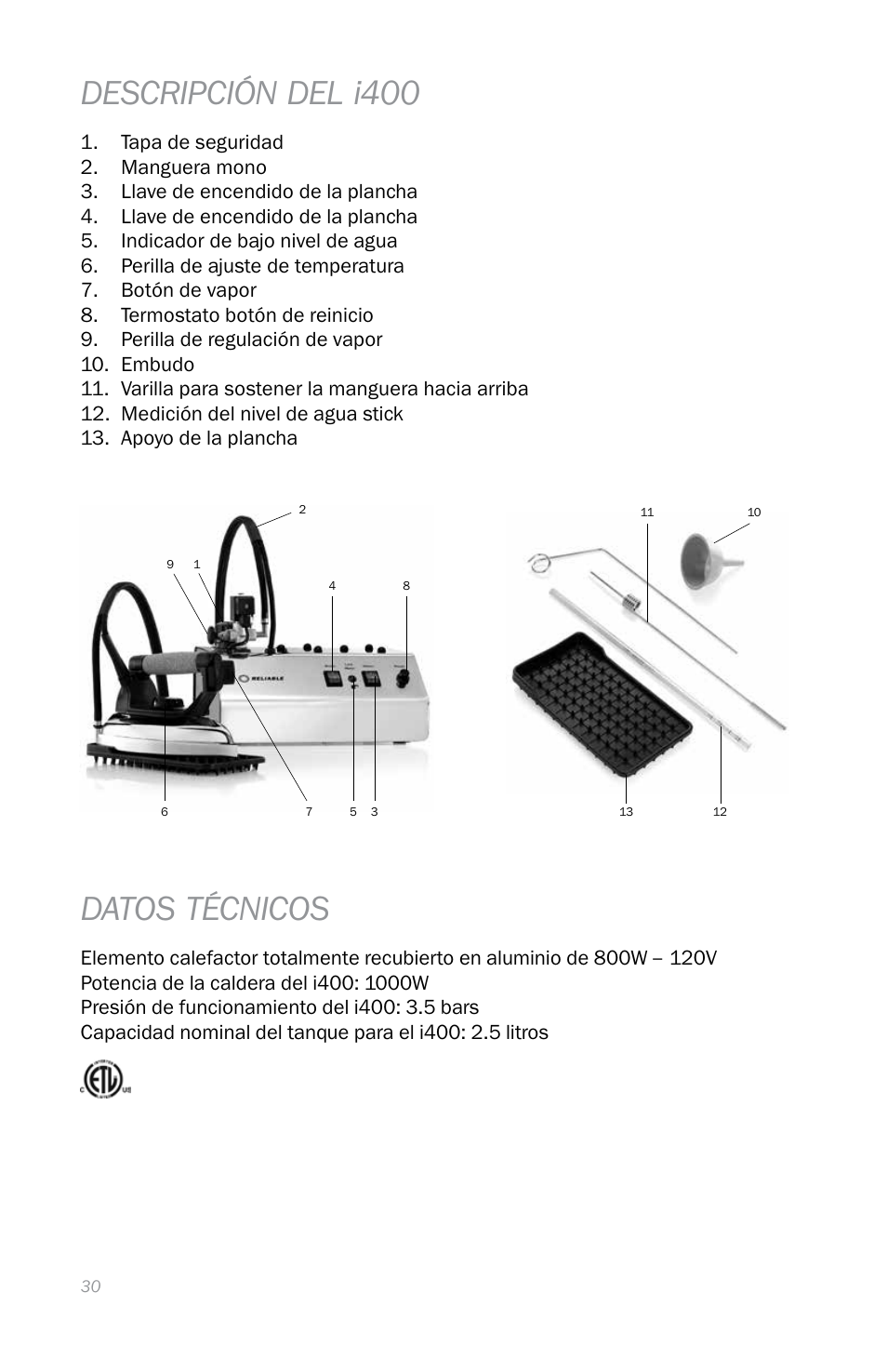 Descripción del i400, Datos técnicos | Reliable i400 User Manual | Page 34 / 40