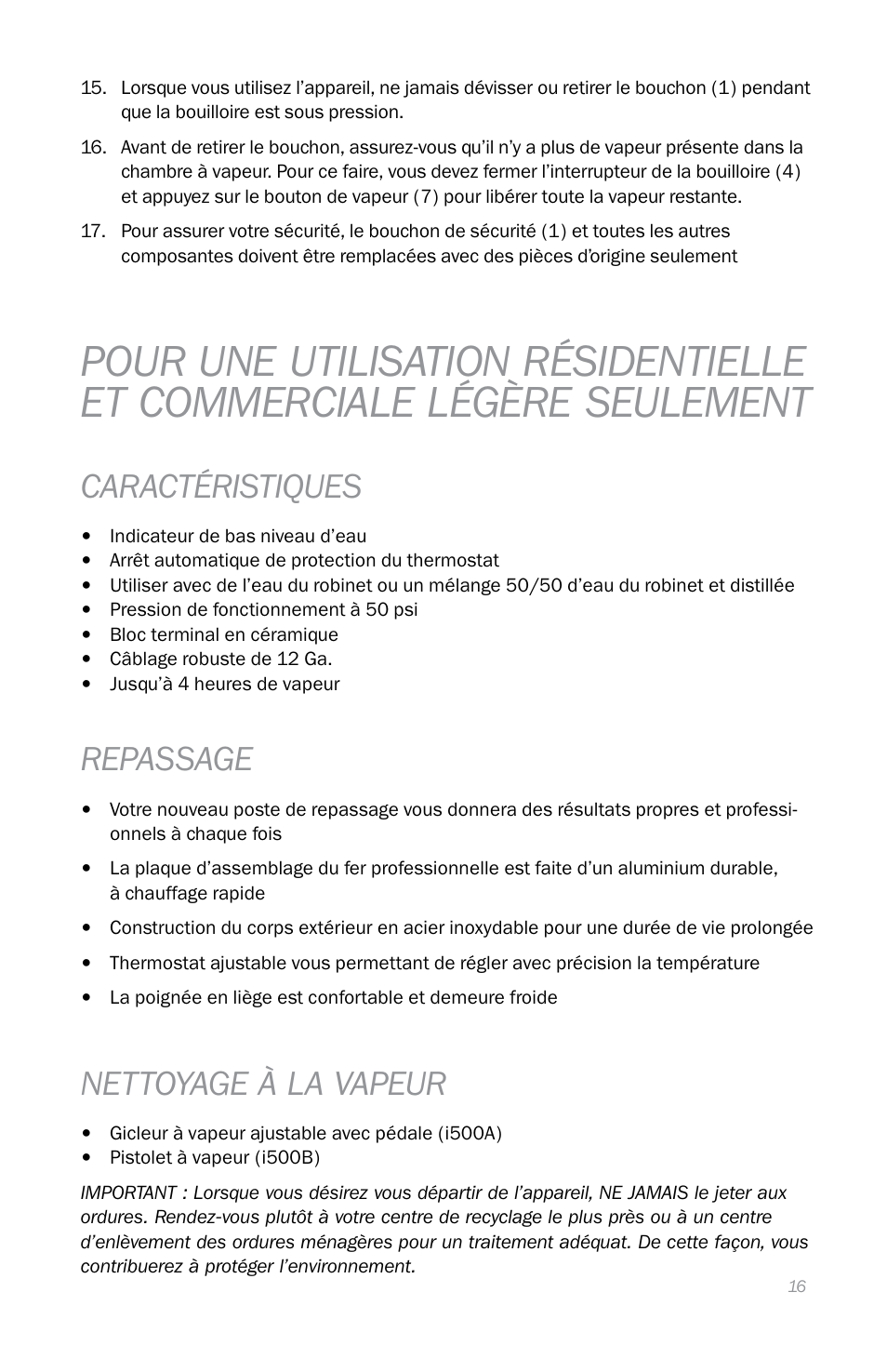 Caractéristiques, Repassage, Nettoyage à la vapeur | Reliable i500 Series User Manual | Page 19 / 44