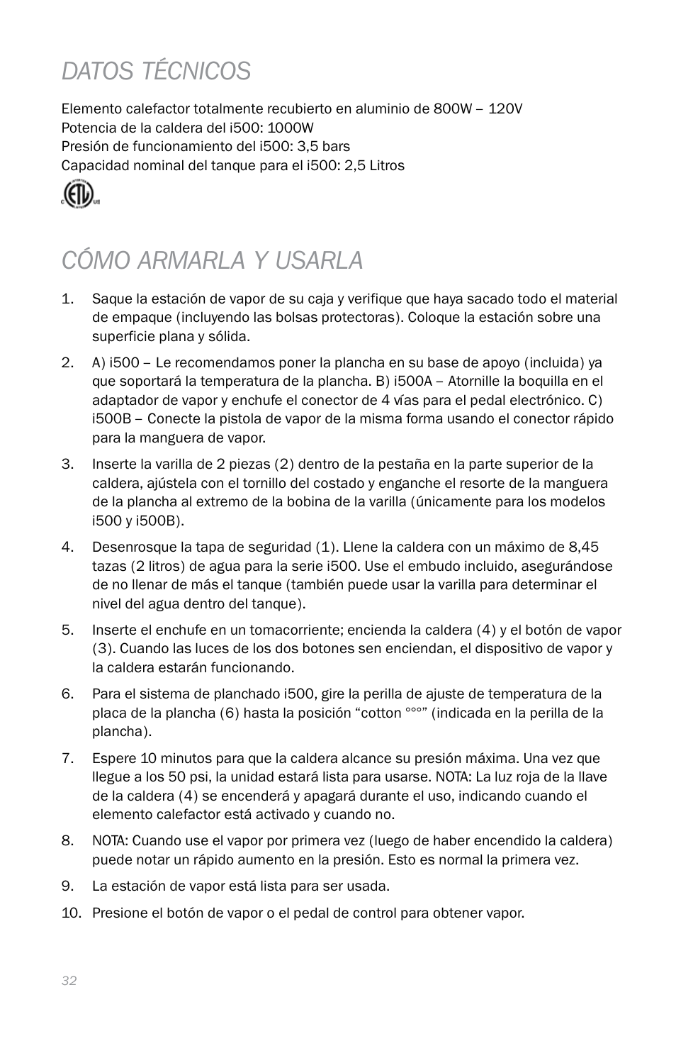 Datos técnicos, Cómo armarla y usarla | Reliable i500 Series User Manual | Page 34 / 44