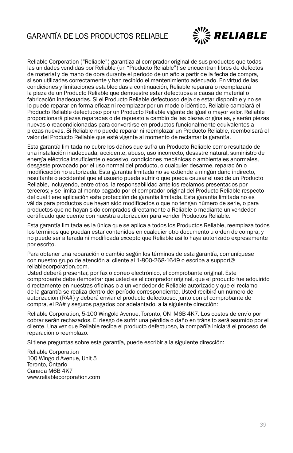 Garantía de los productos reliable | Reliable i500 Series User Manual | Page 41 / 44