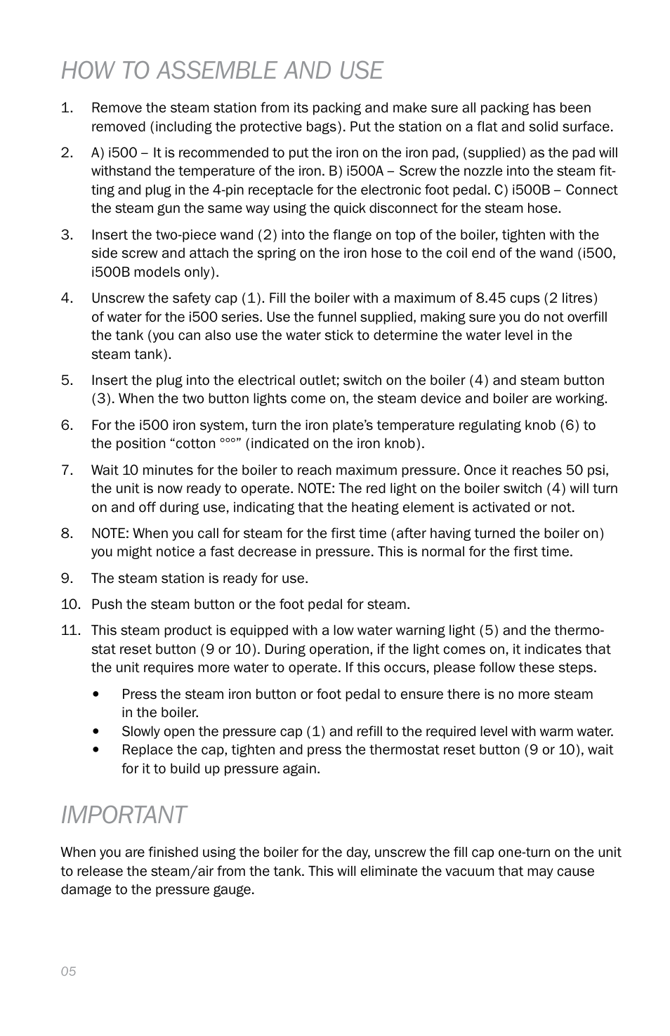 How to assemble and use, Important | Reliable i500 Series User Manual | Page 8 / 44