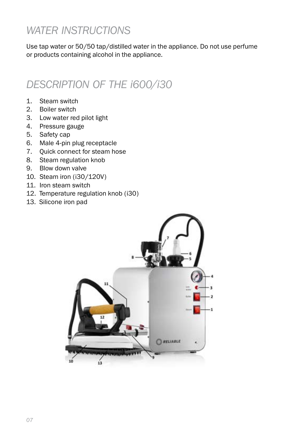 Water instructions | Reliable i600 User Manual | Page 10 / 60