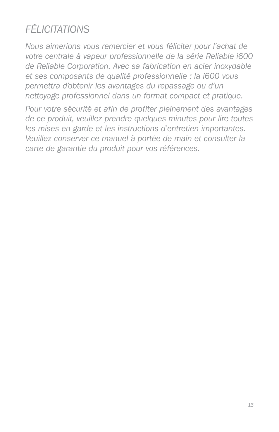 Félicitations | Reliable i600 User Manual | Page 19 / 60