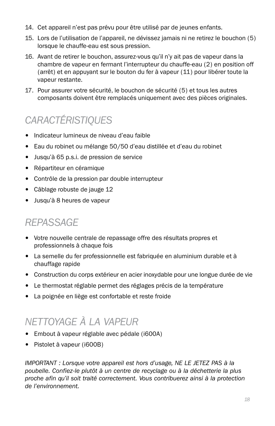 Caractéristiques, Repassage, Nettoyage à la vapeur | Reliable i600 User Manual | Page 21 / 60