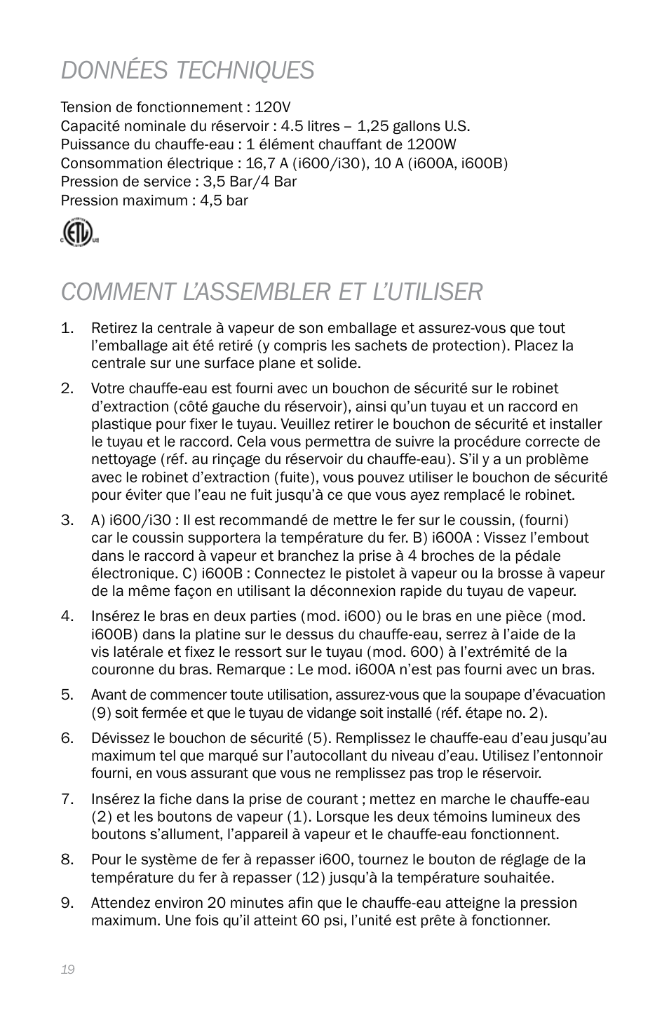 Données techniques, Comment l’assembler et l’utiliser | Reliable i600 User Manual | Page 22 / 60