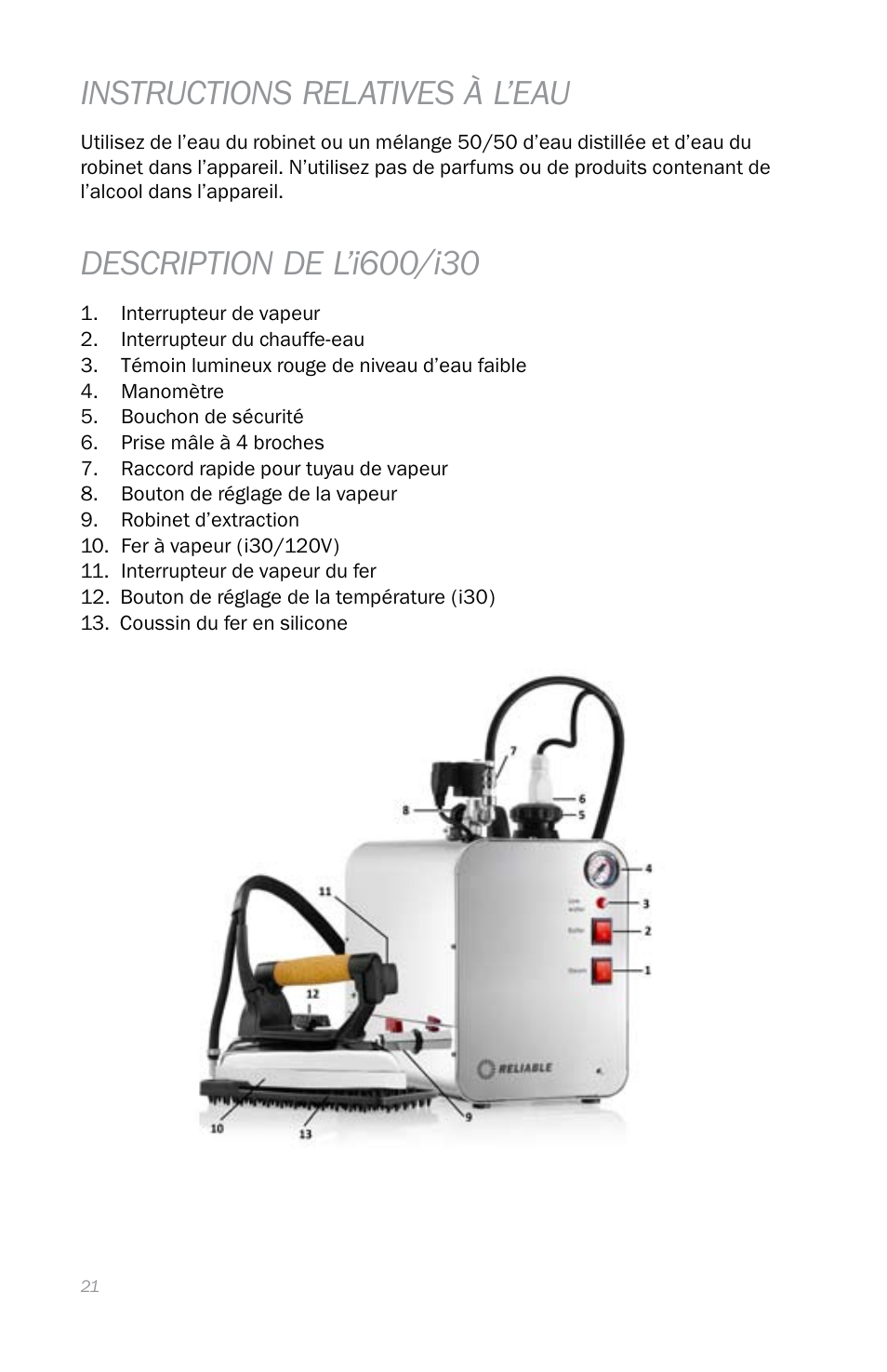 Instructions relatives à l’eau | Reliable i600 User Manual | Page 24 / 60
